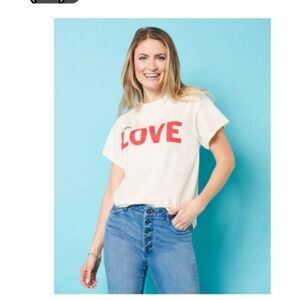 Peace Love World Brand T-shirt That Says Love In Red letters